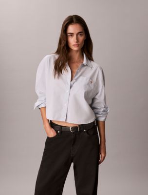 Woven Monologo Cropped Poplin Button-Down Shirt, Plein Air