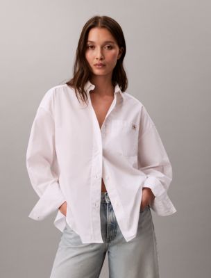 Woven Monologo Cropped Poplin Button-Down Shirt, Brilliant White