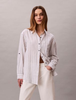 Linen Blend Relaxed Button-Down Shirt, Dark Denim Stripe