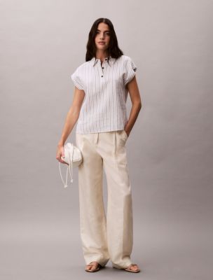 Stripe Linen Blend Short Sleeve Top, Dark Denim Stripe