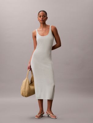 Linen Blend Scoop Neck Midi Dress, Pale Meadow