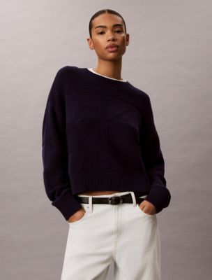 Textured Monogram Relaxed Sweater, Evening Blue
