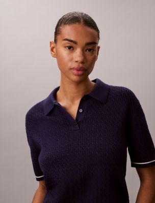 Woven Monologo Cable Sweater Polo, Evening Blue