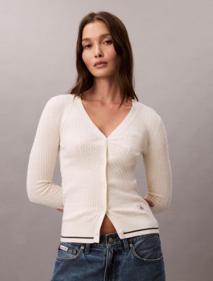 Woven Monologo Cable Cardigan, Tofu