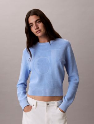 Smooth Cotton Monogram Sweater, Placid Blue
