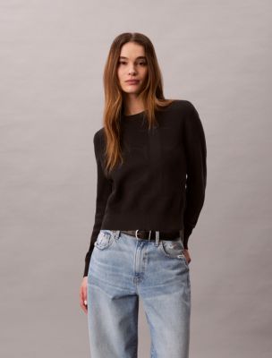Smooth Cotton Monogram Sweater, Black