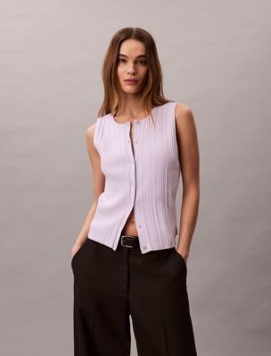 Smooth Cotton Rib Button-Down Tank Top, Island Lilac