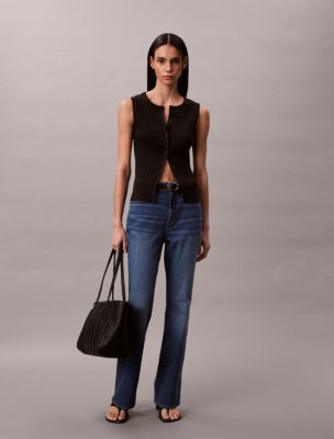 Smooth Cotton Rib Button-Down Tank Top, Black