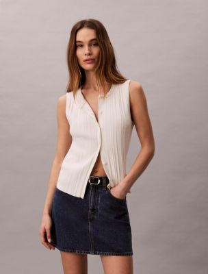 Smooth Cotton Rib Button-Down Tank Top, Tofu