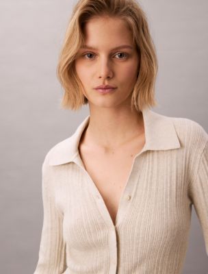 Женский кардиган Calvin Klein Smooth Cotton Rib Polo, цвет: Ванильный меланжевый — фото 3