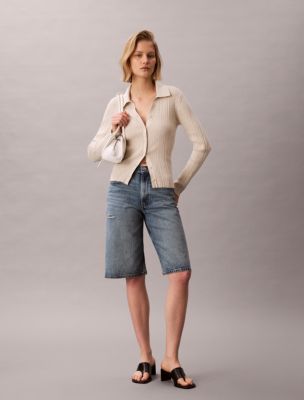 Smooth Cotton Rib Polo Cardigan, Grey Heather