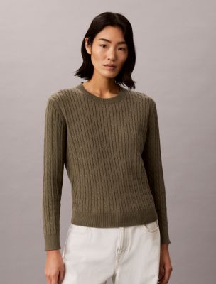 Cotton Cable Knit Sweater, Dusty Olive
