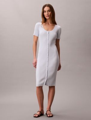 Cotton Rib Button-Down Dress, Ancient Water