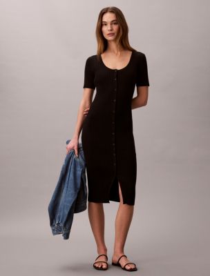 Cotton Rib Button-Down Dress, Black