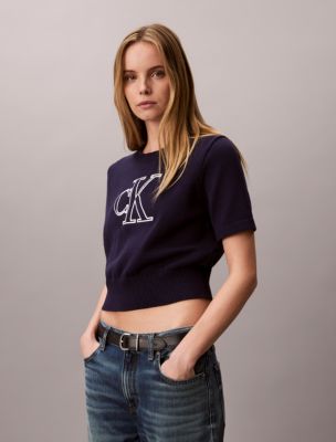 Monogram Cropped Sweater, Evening Blue