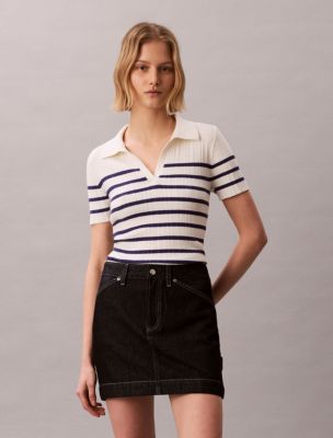 Smooth Cotton Stripe Rib Polo T-Shirt, Steel Beams Stripe