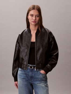 Faux Leather Bomber Jacket, Black