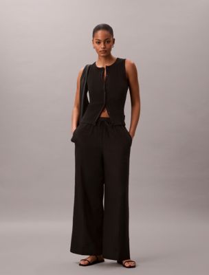 Linen Blend Pull-On Pants, Black