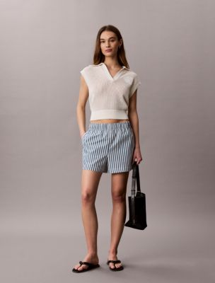 Cotton Poplin Stripe Shorts, Tahoe Green