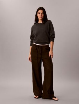 Linen Blend Drawstring Wide Leg Pants, Dark Coffee
