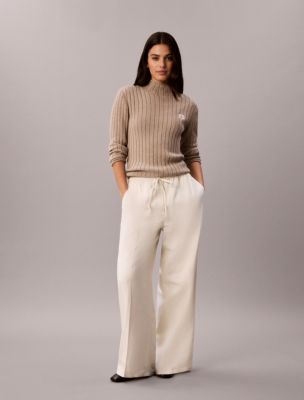 Linen Blend Drawstring Wide Leg Pants, Tofu