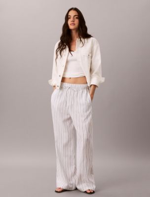 Linen Cotton Pull-On Pants, Dark Denim Stripe