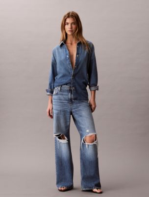 Low Rise Baggy Jeans, Slashed Indigo