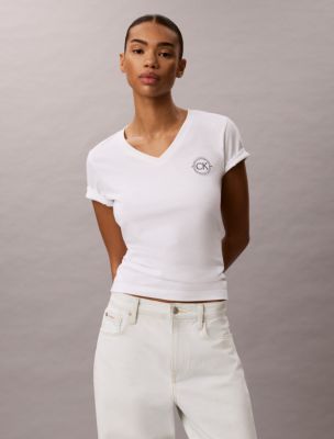 Embroidered CK Crest V-Neck Tee, Bright White