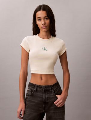 Monogram Stripe Rib Baby Tee, French Vanilla Stripe