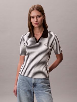 Женские футболки Calvin Klein Monologo Stripe Rib Polo T-Shirt — фото 2