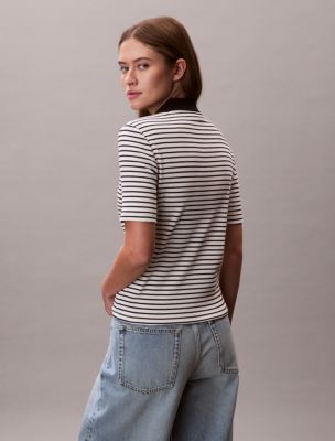 Женские футболки Calvin Klein Monologo Stripe Rib Polo T-Shirt — фото 4