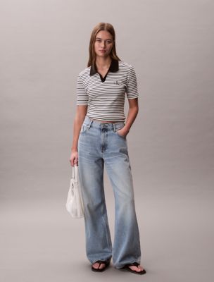 Женские футболки Calvin Klein Monologo Stripe Rib Polo T-Shirt — фото 5