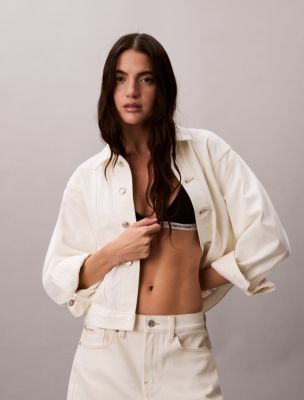 Denim Cinched Trucker Jacket, Ecru