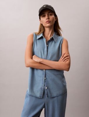 Sleeveless Denim Button-Down Shirt, Soft Blue
