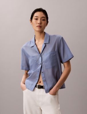 Cotton Blend Relaxed Button-Down Shirt, Dusty Sailor Blue