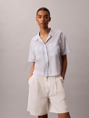 Cotton Blend Relaxed Button-Down Shirt, Blue Dream