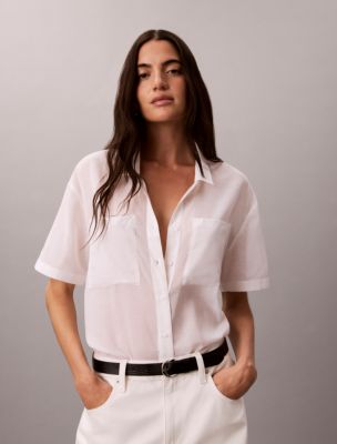 Cotton Blend Relaxed Button-Down Shirt, Brilliant White