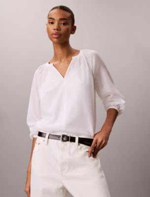 Light Cotton Blend Popover Top, Brilliant White
