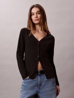 Woven Monologo Fine Rib Slim Cardigan, Black
