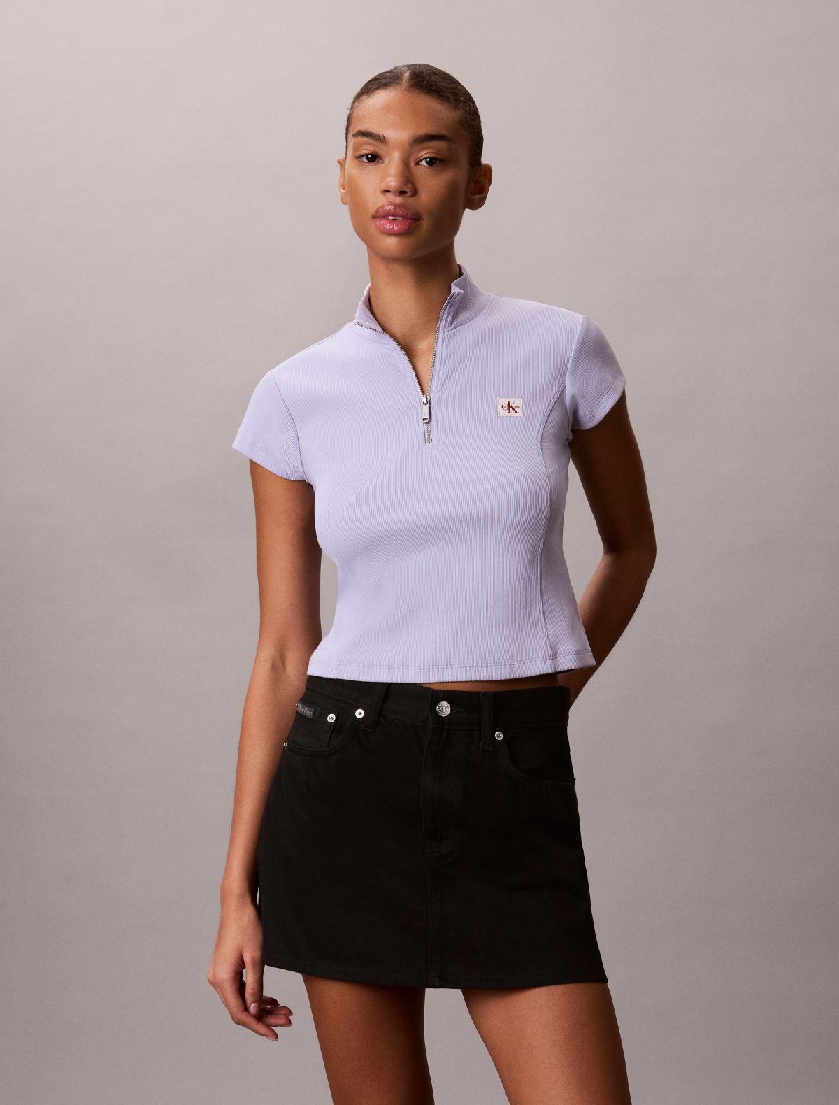 Woven Monologo Rib Quarter Zip Top