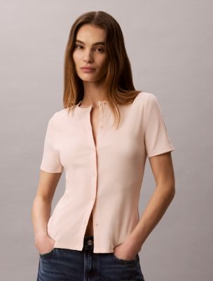 Contour Rib Slim Button-Down Top, Soft Pink