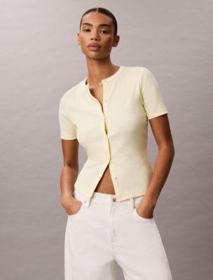 Contour Rib Slim Button-Down Top, Pear Sorbet