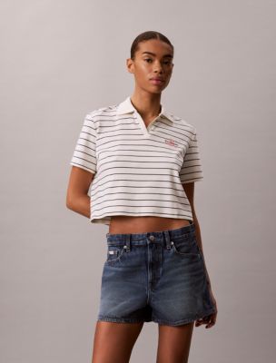 Monologo Rib Cropped Polo Shirt, Tofu Navy Stripes