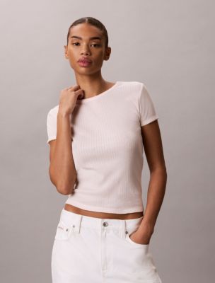 Pointelle Knit Short Sleeve Top, Soft Pink