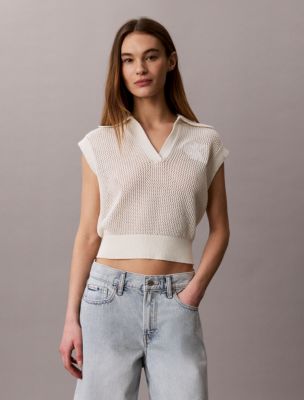Monogram Crochet Cropped Top, Tofu
