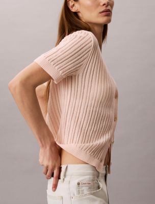 Женский свитер Calvin Klein Open Stitch Button-Down, цвет: Мягкий розовый — фото 5