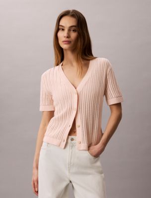Open Stitch Button-Down Sweater, Soft Pink