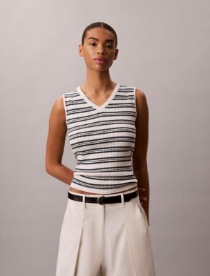 Rib V-Neck Tank Top, Tofu Biloxi Blue Stripe