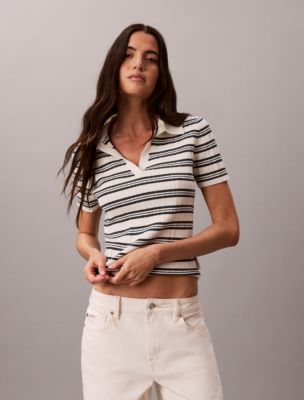 Stripe Rib Slim Polo Shirt, Tofu Biloxi Blue Stripe