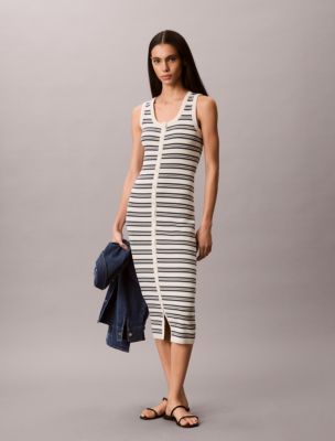 Smooth Cotton Stripe Midi Dress, Tofu Biloxi Blue Stripe